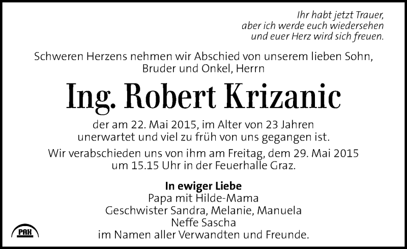  Traueranzeige für Robert Krizanic vom 28.05.2015 aus Kleine Zeitung