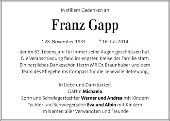 Traueranzeige von Franz Gapp  von Kleine Zeitung