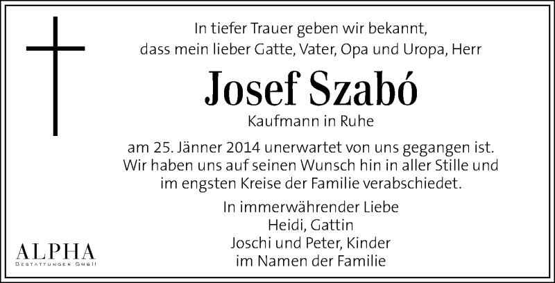  Traueranzeige für Josef Szabó vom 31.01.2014 aus Kleine Zeitung