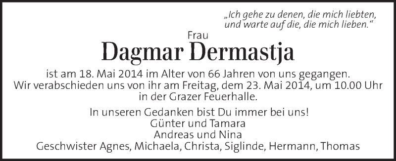  Traueranzeige für Dagmar Dermastja vom 21.05.2014 aus Kleine Zeitung