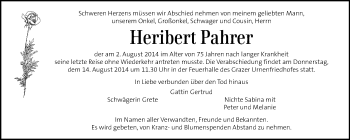 Traueranzeige von Heribert Pahrer von Kleine Zeitung