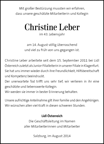 Traueranzeige von Christine Leber von Kleine Zeitung