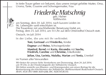 Traueranzeige von Friederike Matschnig von Kleine Zeitung