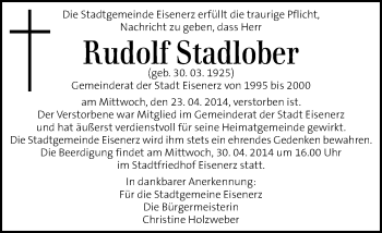 Traueranzeige von Rudolf Stadlober von Kleine Zeitung