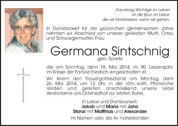 Traueranzeige von Germana Sintschnig von Kleine Zeitung