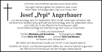 Traueranzeige von Josef Angerbauer von Kleine Zeitung