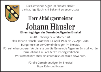 Traueranzeige von Johann Häusler von Kleine Zeitung