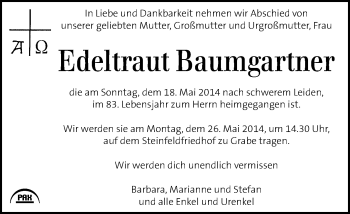 Traueranzeige von Edeltraut Baumgartner von Kleine Zeitung