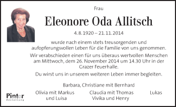 Traueranzeige von Eleonore Oda Allitsch von Kleine Zeitung