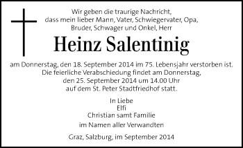 Traueranzeige von Heinz Salentinig von Kleine Zeitung