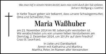 Traueranzeige von Maria Waßhuber von Kleine Zeitung