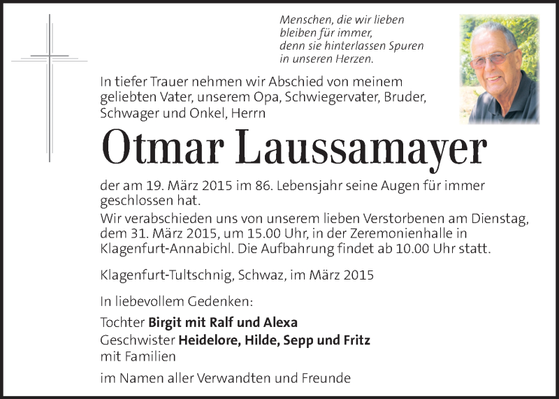  Traueranzeige für Otmar Laussamayer vom 28.03.2015 aus Kleine Zeitung
