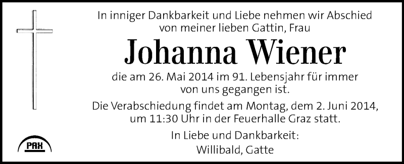  Traueranzeige für Johanna Wiener vom 31.05.2014 aus Kleine Zeitung