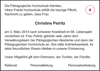 Traueranzeige von Christine Petritz von Kleine Zeitung