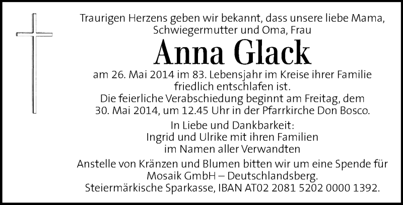  Traueranzeige für Anna Glack vom 29.05.2014 aus Kleine Zeitung