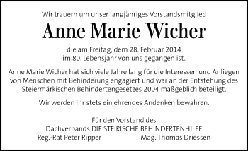 Traueranzeige von Anne Marie Wicher von Kleine Zeitung