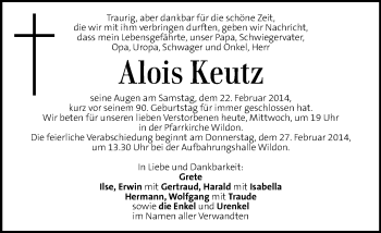 Traueranzeige von Alois Keutz von Kleine Zeitung