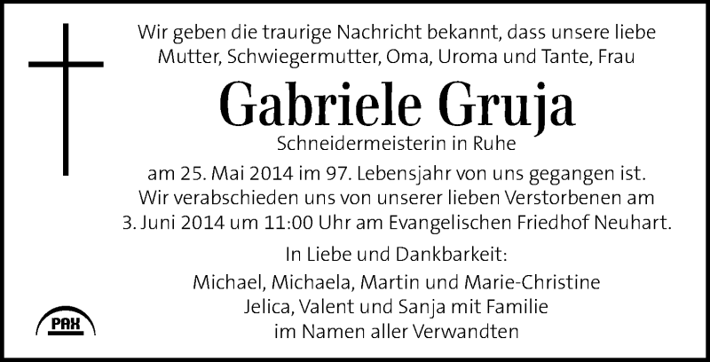  Traueranzeige für Gabriele Gruja vom 31.05.2014 aus Kleine Zeitung