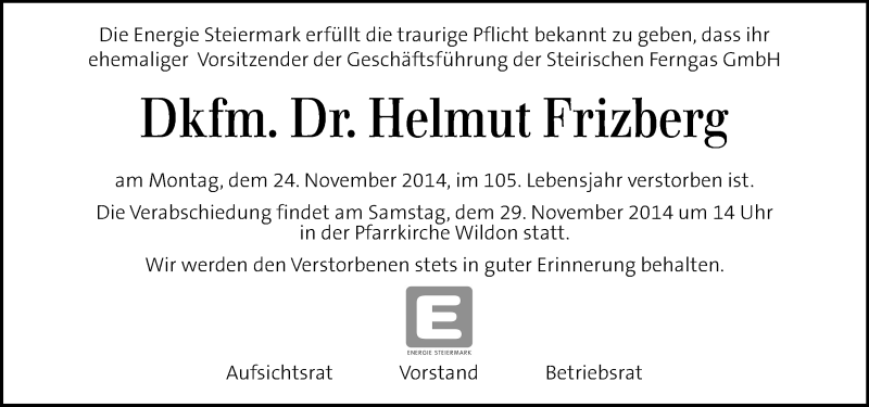  Traueranzeige für Helmut Frizberg vom 27.11.2014 aus Kleine Zeitung
