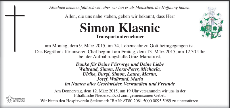  Traueranzeige für Simon Klasnic vom 12.03.2015 aus Kleine Zeitung