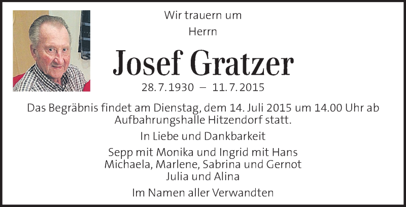  Traueranzeige für Josef Gratzer vom 14.07.2015 aus Kleine Zeitung