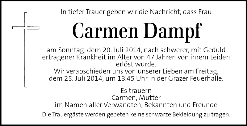  Traueranzeige für Carmen Dampf vom 23.07.2014 aus Kleine Zeitung