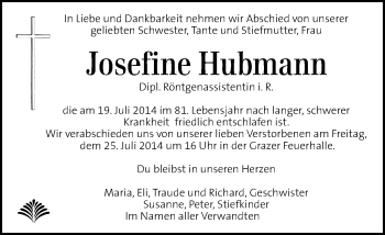 Traueranzeige von Josefine Hubmann von Kleine Zeitung