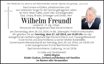 Traueranzeige von Wilhelm Freundl von Kleine Zeitung