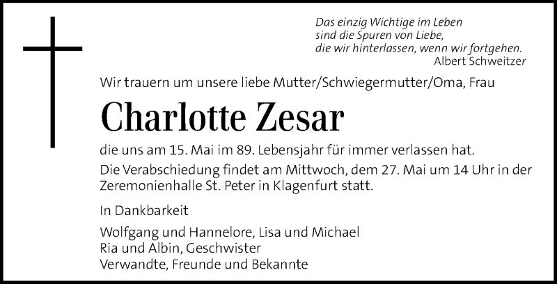  Traueranzeige für Charlotte Zesar vom 23.05.2015 aus Kleine Zeitung