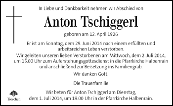 Traueranzeige von Anton Tschiggerl von Kleine Zeitung