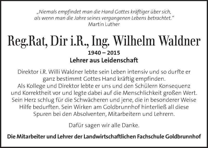  Traueranzeige für Wilhelm Waldner vom 29.05.2015 aus Kleine Zeitung
