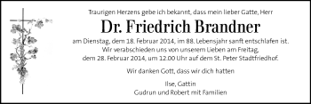 Traueranzeige von Friedrich Brandner von Kleine Zeitung
