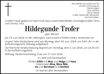 Traueranzeige von Hildegunde Trofer von Kleine Zeitung