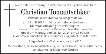 Traueranzeige von Christian Tomantschker von Kleine Zeitung
