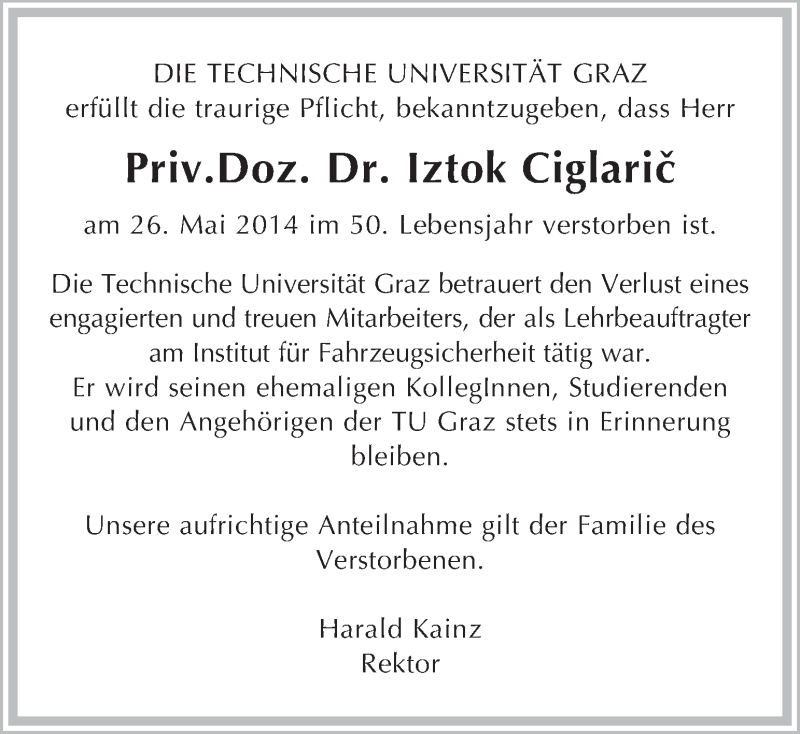  Traueranzeige für Iztok Ciglaric vom 31.05.2014 aus Kleine Zeitung