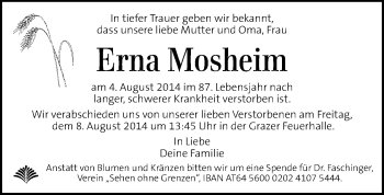 Traueranzeige von Erna Mosheim  von Kleine Zeitung