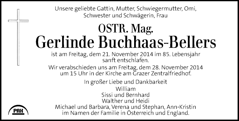  Traueranzeige für Gerlinde Buchhaas-Bellers vom 26.11.2014 aus Kleine Zeitung