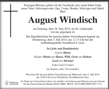 Traueranzeige von August Windisch von Kleine Zeitung