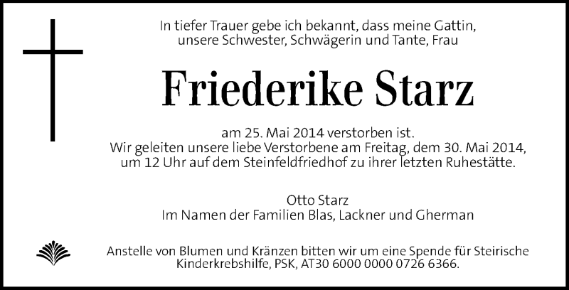  Traueranzeige für Friederike Starz vom 28.05.2014 aus Kleine Zeitung
