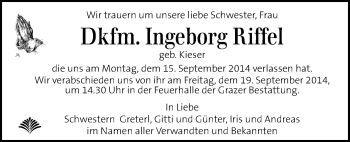 Traueranzeige von Ingeborg Riffel von Kleine Zeitung