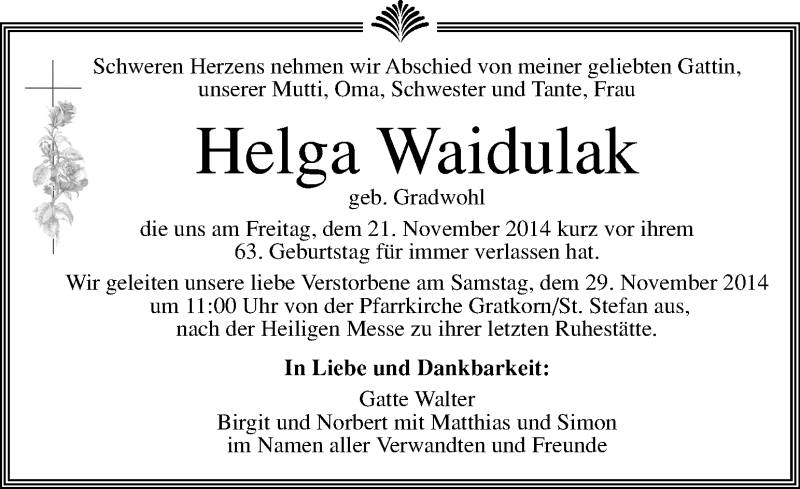  Traueranzeige für Helga Waidulak vom 26.11.2014 aus Kleine Zeitung
