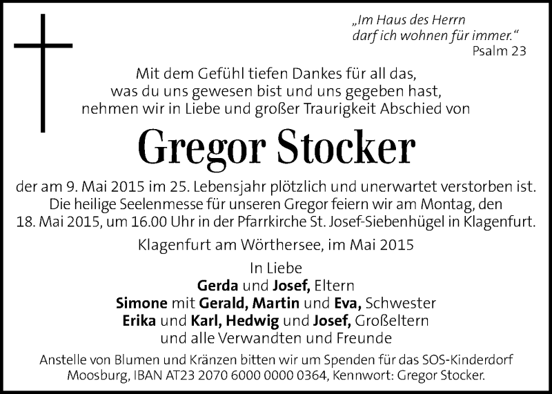  Traueranzeige für Gregor Stocker vom 14.05.2015 aus Kleine Zeitung