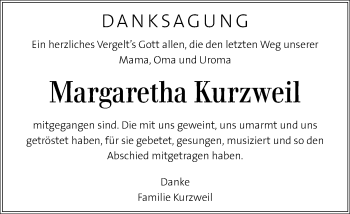 Traueranzeige von Margaretha Kurzweil von Kleine Zeitung
