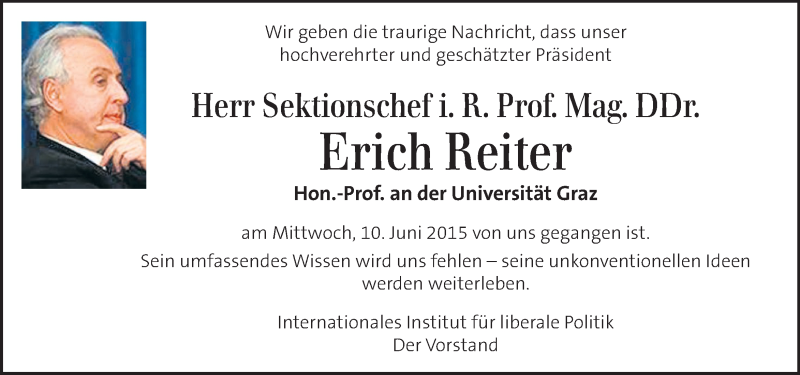  Traueranzeige für Erich Reiter vom 17.06.2015 aus Kleine Zeitung