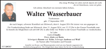 Traueranzeige von Walter Wasserbauer von Kleine Zeitung