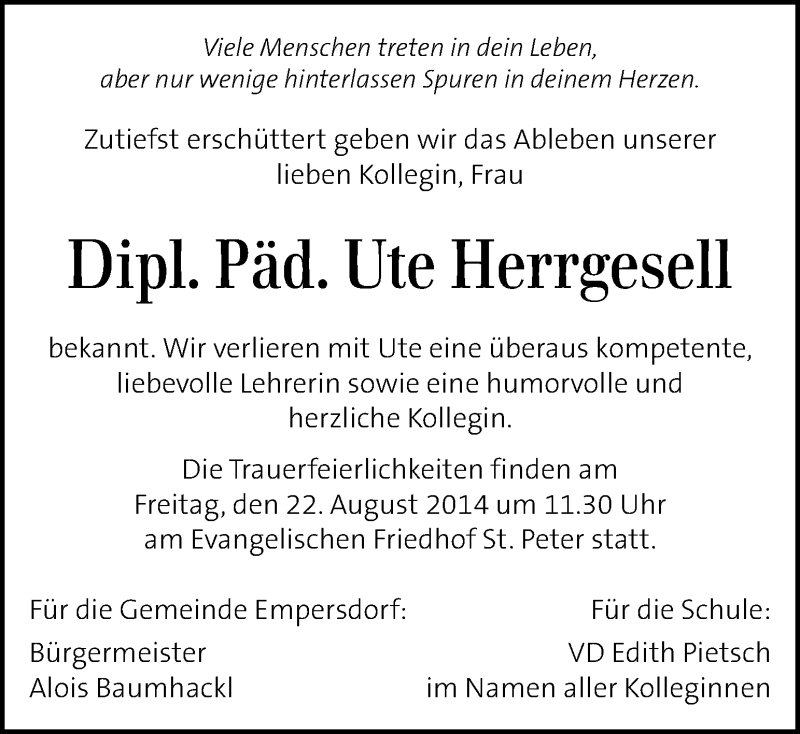  Traueranzeige für Ute Herrgesell vom 19.08.2014 aus Kleine Zeitung