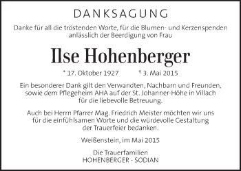 Traueranzeige von Ilse Hohenberger von Kleine Zeitung