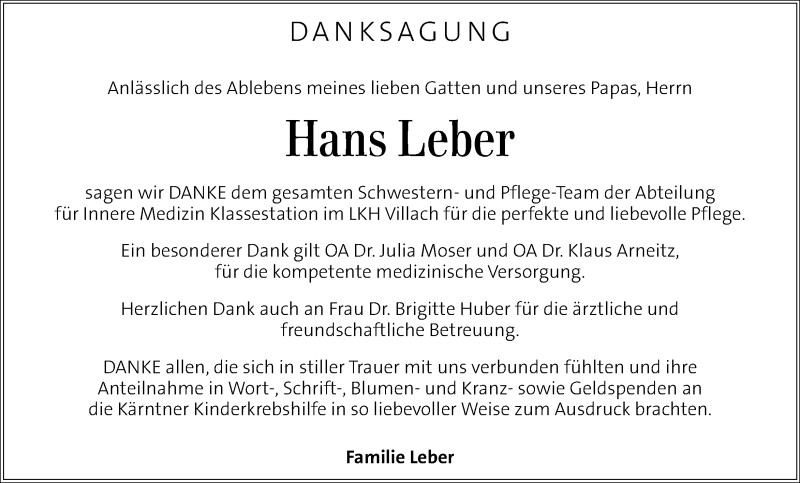  Traueranzeige für Hans Leber vom 30.08.2014 aus Kleine Zeitung