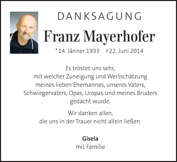 Traueranzeige von Franz Mayerhofer von Kleine Zeitung
