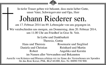 Traueranzeige von Johann Riederer von Kleine Zeitung